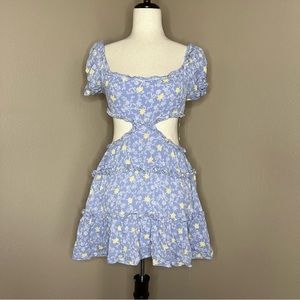 Love Tree Puff Sleeves Ruffle Cut Out Backless Mini Dress Blue, Small──★